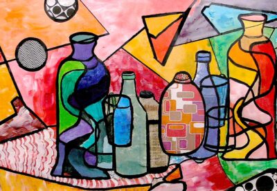 Gouache and glaze on paper – Darcy Fahey, Year 7, Sacre Coeur Student artwork of a still life with bottles