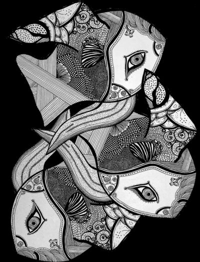 Student artwork of fish with linear designs