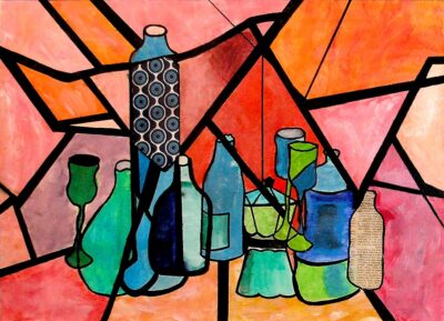 Gouache and glaze on paper – Rushika Aponso, Year 7, Sacre Coeur Student artwork still life with bottles