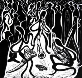 Lino cut print β Jethro Sallmann, Year 11, Woodleigh School Student artwork of a crowd watching a band