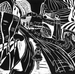 Lino cut print β Victoria Fatouros, Year 11, Woodleigh School Student artwork of a girl walking in a city