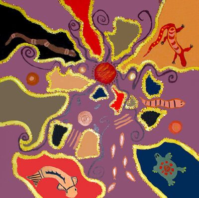 Student artwork of creatures painted in an Australian Indigenous style