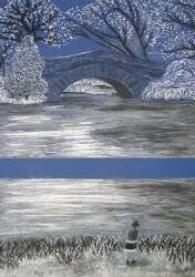 Pastel on paper by Zoe Hogan, Year 11, Ballarat Clarendon College Student artwork of a bridge and river with figure in blue
