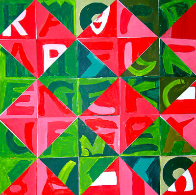 Acrylic on card by Thomas Collins, Year 7, Ballarat Clarendon College Student artwork of a geometric artwork in pink and green