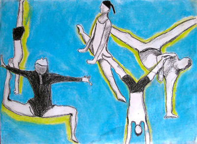 Conte on paper by Emma Littlejohn, Year 8, Ballarat Clarendon College Student artwork of figures in movement