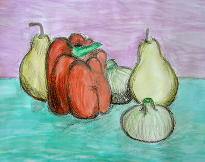 Pencil and acrylic on paper by Hilary Jones, Year 7, Ballarat Clarendon College Student artwork of a still life of fruit