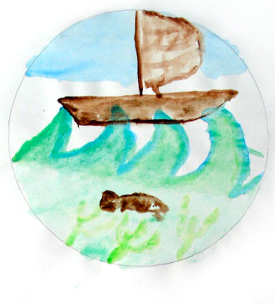 Watercolour on paper by Zac Moulieris, Year 6, Fitzroy Community School Student artwork of a boat on the ocean