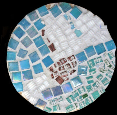Mosaic on wood by Zac Moulieris, Year 6, Fitzroy Community School Student artwork mosaic of a boat at sea