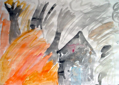 Watercolour on paper by Anna Revill, Year 3, Fitzroy Community School Student artwork of a house on fire