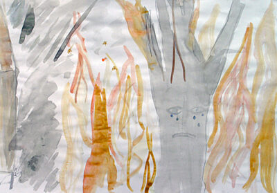 Watercolour on paper by Zoe Revill, Year 4, Fitzroy Community School Student artwork of a forest on fire