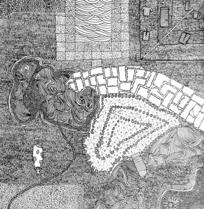 Student artwork of an aerial view of a backyard