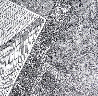 Student artwork of an aerial view of a backyard