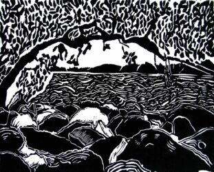 Lino cut print by Olivia Sketchley, Year 9, Mentone Grammar Student artwork of a beach