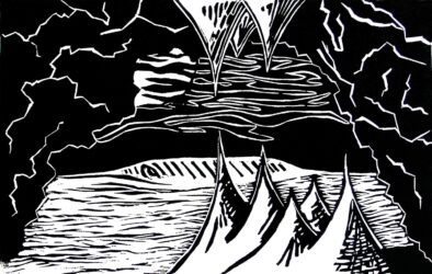Lino cut print by Tristan Broadway, Year 9, Mentone Grammar Student artwork of a seascape