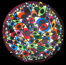 Student artwork of a plate with peacock feathers