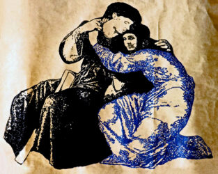Student artwork of two figures embracing