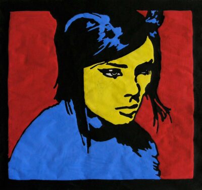 Lino cut print with acrylic and gouache on paper by Mona Zhang, Year 10, Penleigh and Essendon Grammar School Student artwork portrait of a girl