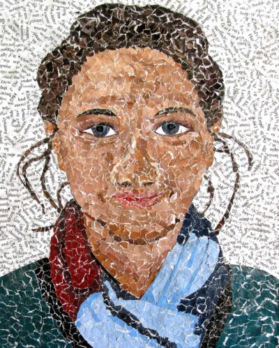 Collage on paper by Renee Valos, Year 10, Penleigh and Essendon Grammar School Student artwork of a portrait mosaic