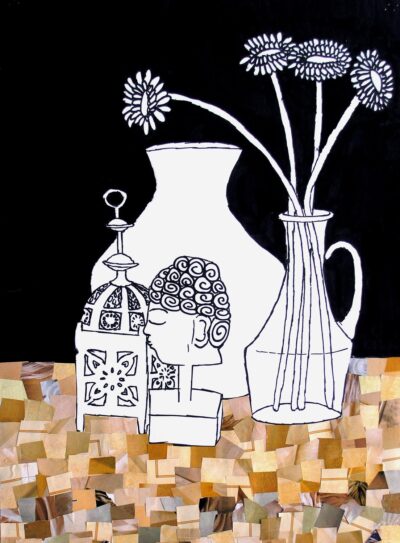 Ink and collage by Elizabeth Drayton, Year 9, Penleigh and Essendon Grammar School Student artwork of a still life