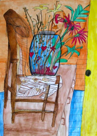 Watercolour and ink on paper by Stephanie Elia, Year 10, Penleigh and Essendon Grammar School Student artwork of a chair with vase