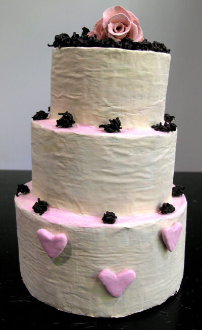 Paper mache, clay and two-minute noodles by Tiana Arif, Year 8, Penleigh and Essendon Grammar School Student artwork of a 3D wedding cake