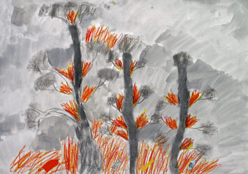 Charcoal, oil pastel and ink by Jacinta Yao, Year 2, St Andrew’s Christian College Student artwork of bushfires