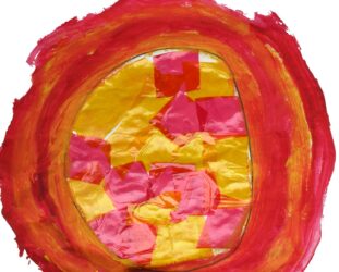 Acrylic with cellophane collage by Cameron Lee, Prep, St Andrew’s Christian College Student artwork of the sun