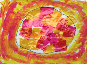 Acrylic with cellophane collage by Phoebe Lim, Prep, St Andrew’s Christian College Student artwork of the sun