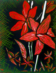 Lino cut print on paper by Rosie Matthews, Year 8 Student artwork of flowers