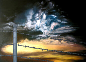 Oil on canvas by Olivia Edwards, Year 12 Student artwork of a barbed wire fence and moon-lit sky