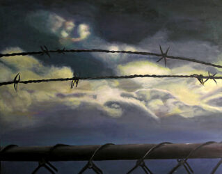 Oil on canvas by Steven Elias, Year 12 Student artwork of a barbed wire fence and moon-lit sky