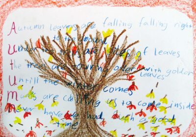Wax crayon on paper by Greta Janetzki, Class 3, Sophia Mundi Steiner School Student artwork of a tree with falling leaves and a poem