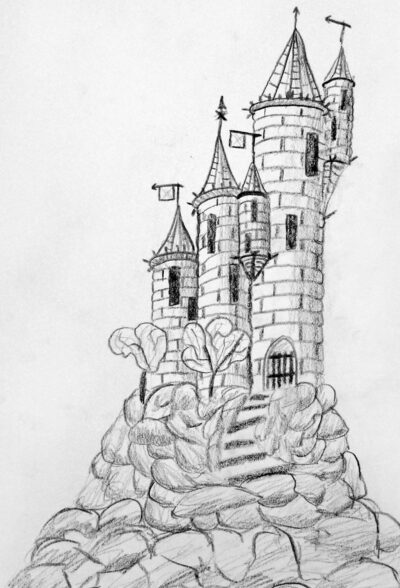 Greylead on paper by Jeremy Paul, Class 8, Sophia Mundi Steiner School Student artwork of a castle