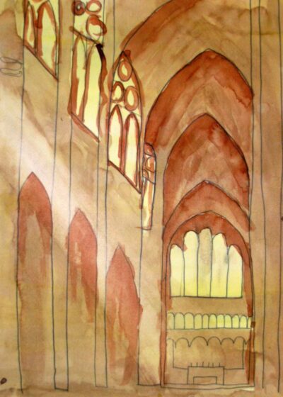 Watercolour on paper by Sebastian Karagiannis, Class 7, Sophia Mundi Steiner School Student artwork of a cathedral interior