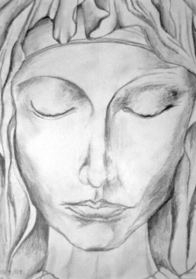 Greylead on paper by Ondine Martin, Class 8, Sophia Mundi Steiner School Student artwork of Madonna