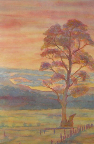 Watercolour on paper by Samantha Bell, Samantha Todd and Gabriella
Belfrager-Mayer, Class 10, Sophia Mundi Steiner School Student artwork of a landscape