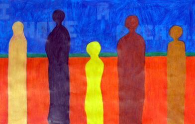 Coloured pencil on paper by Annabel Gillies, Year 11 Student artwork of a silhouettes on a coloured background