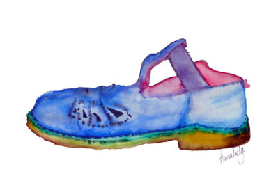 Watercolour on paper by Annabel Gebbie, Year 10 Student artwork of a t-bar school shoe