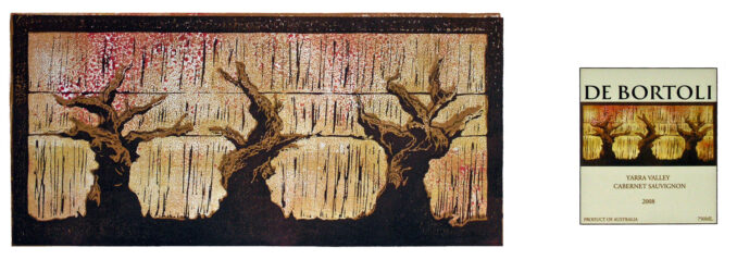 Lino cut print on paper by Jade Dynan, Year 12 Student artwork of trees as a wine label