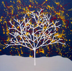 Acrylic paint and polyfiller on canvas by Jacob Williams, Year 12 Student artwork of tree on a splattered background