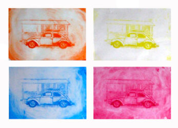 Dry point etching by Christian Currie, Year 11 Student artwork of a car in multiple colours