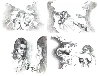 Graphite pencil on paper by Molleigh Lewis, Year 12, Beaconhills College Student artwork of a girl fighting dark thoughts