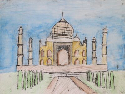 Etching with watercolour and mixed media by Brianna Balfour-Smith, Year 7, Beaconhills College Student artwork of the Taj Mahal
