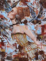 Oil paint on linen by Laura Tong, Year 10, Camberwell Girls’ Grammar School Student artwork of girl surrounded by birds