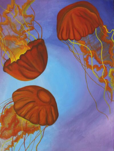 Acrylic paint on canvas by Favour Mobongi, Year 11, Hume Anglican Grammar Student artwork of jelly fish