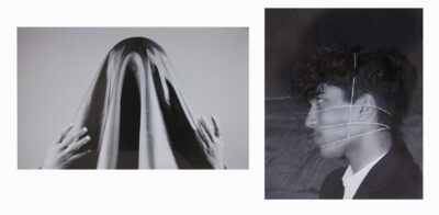 Digital photographs on foam core by Saliha Safdari, Year 10, Hume Anglican Grammar Student artwork of a person with their head covered by cloth and a boy with elastic bands around his face