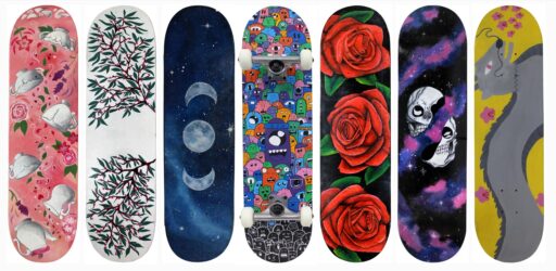 Acrylic paint on skateboard deck by Amrita Babra, Eryn McKenna, Loredana Rivaloro, Poppi D'Angelo, Ranulya Herath, Suhanee Rathod and Vie Kakkar, Year 9, Hume Anglican Grammar Student artwork of skateboard decks