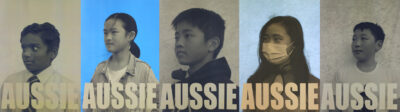 Digital poster composition printed on paper, by Felicia Shen, Jamie Wu, Lara Leung, Matthew Chaung and Tevin Edirisinghe, Year 6, Huntingtower Student artwork of five portraits with 'Aussie' written along the bottom