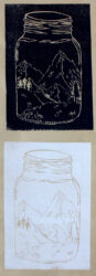 Lino print on paper by Avaya Pola, Year 10, Huntingtower Student artwork of black and white jars with landscapes within them