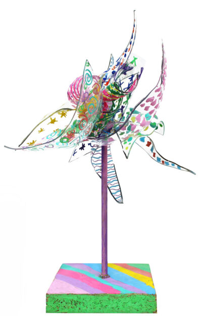 Paint markers on shrink film with wooden base by Ashlee Chau, Year 2, Kilvington Grammar School Student artwork of a sculpture inspired by Chihuly